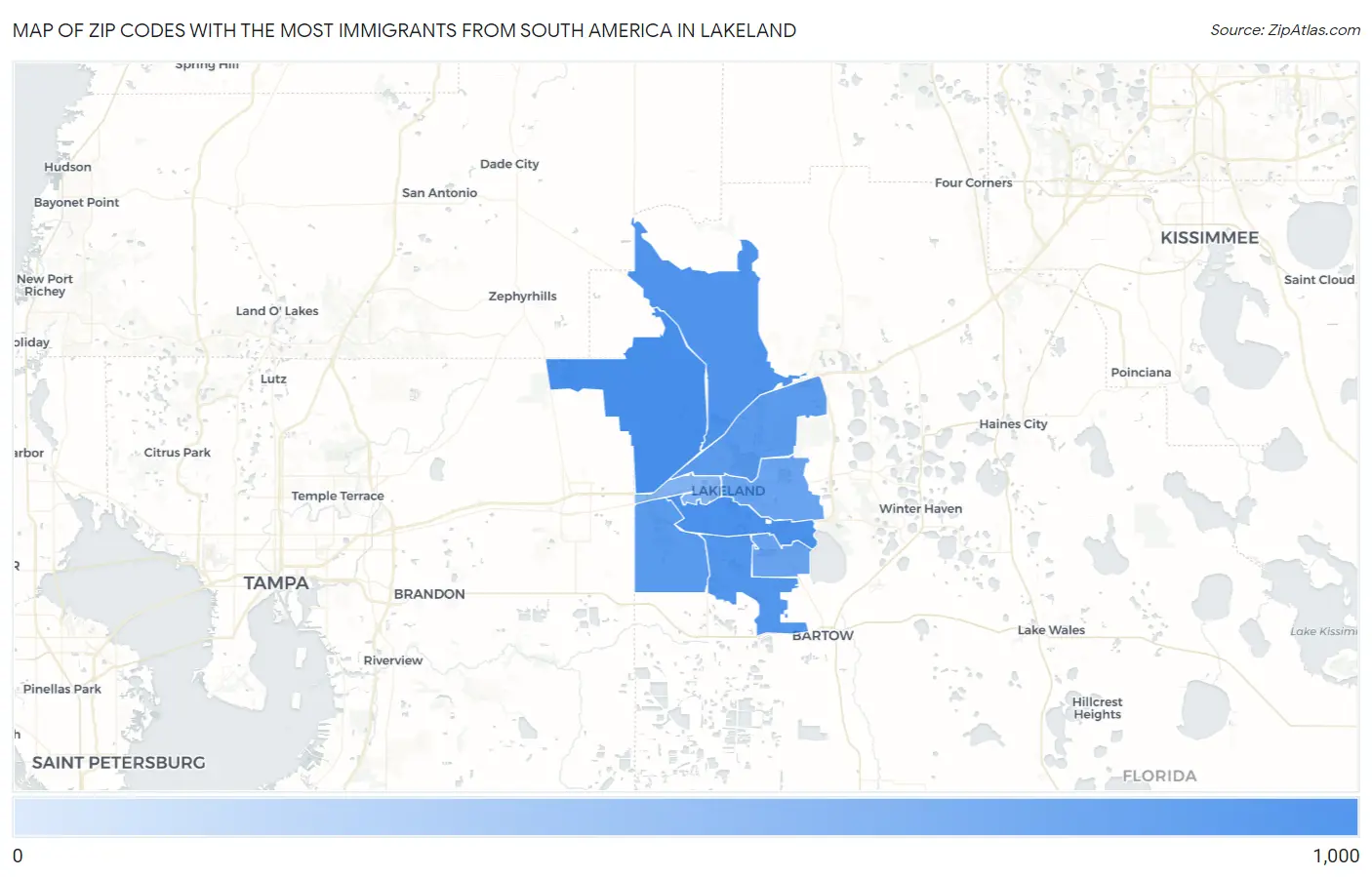 Zip Codes with the Most Immigrants from South America in Lakeland Map
