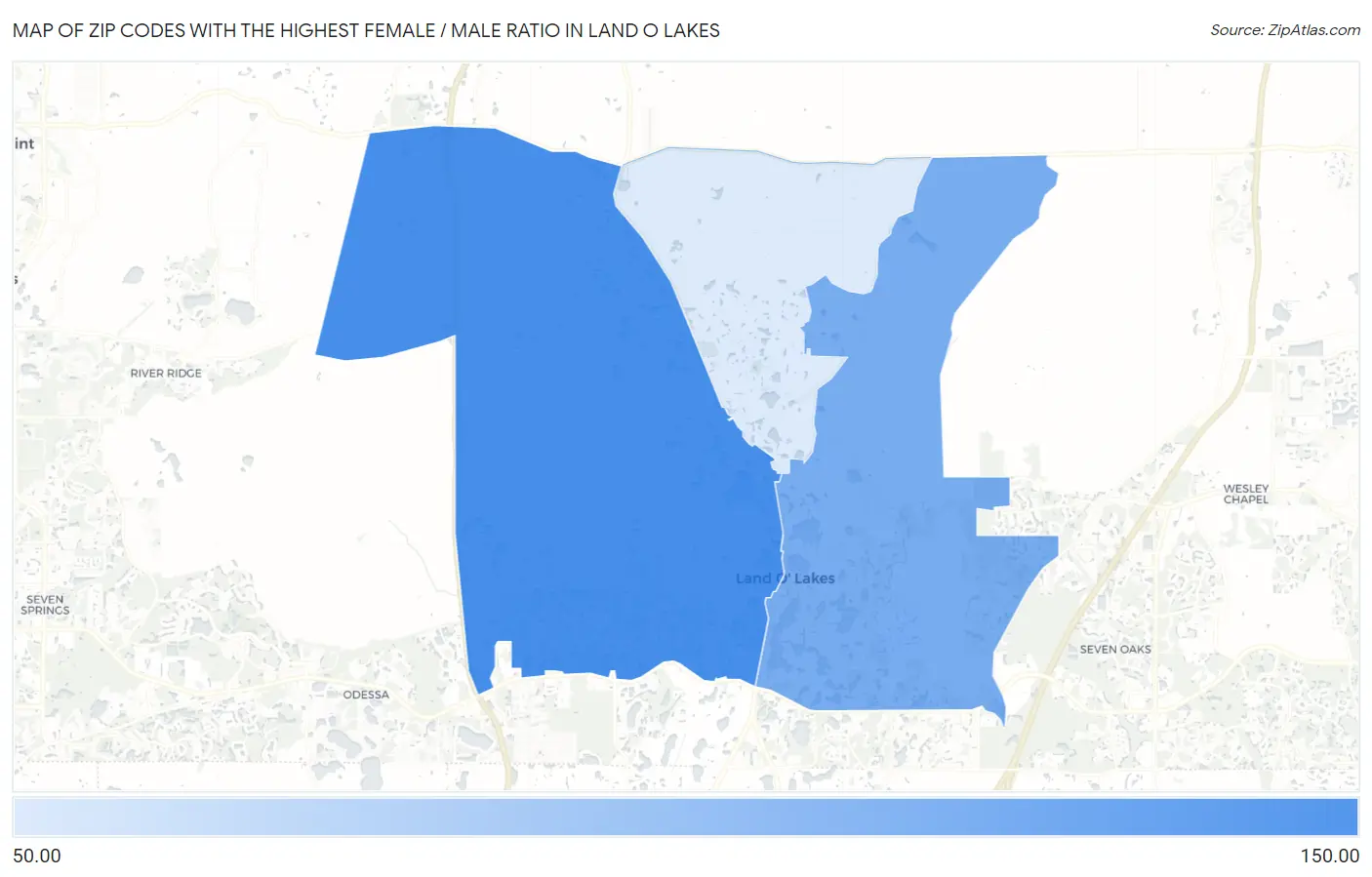 Zip Codes with the Highest Female / Male Ratio in Land O Lakes Map