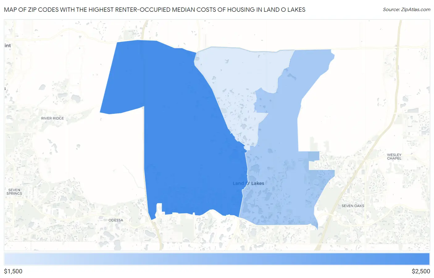 Zip Codes with the Highest Renter-Occupied Median Costs of Housing in Land O Lakes Map