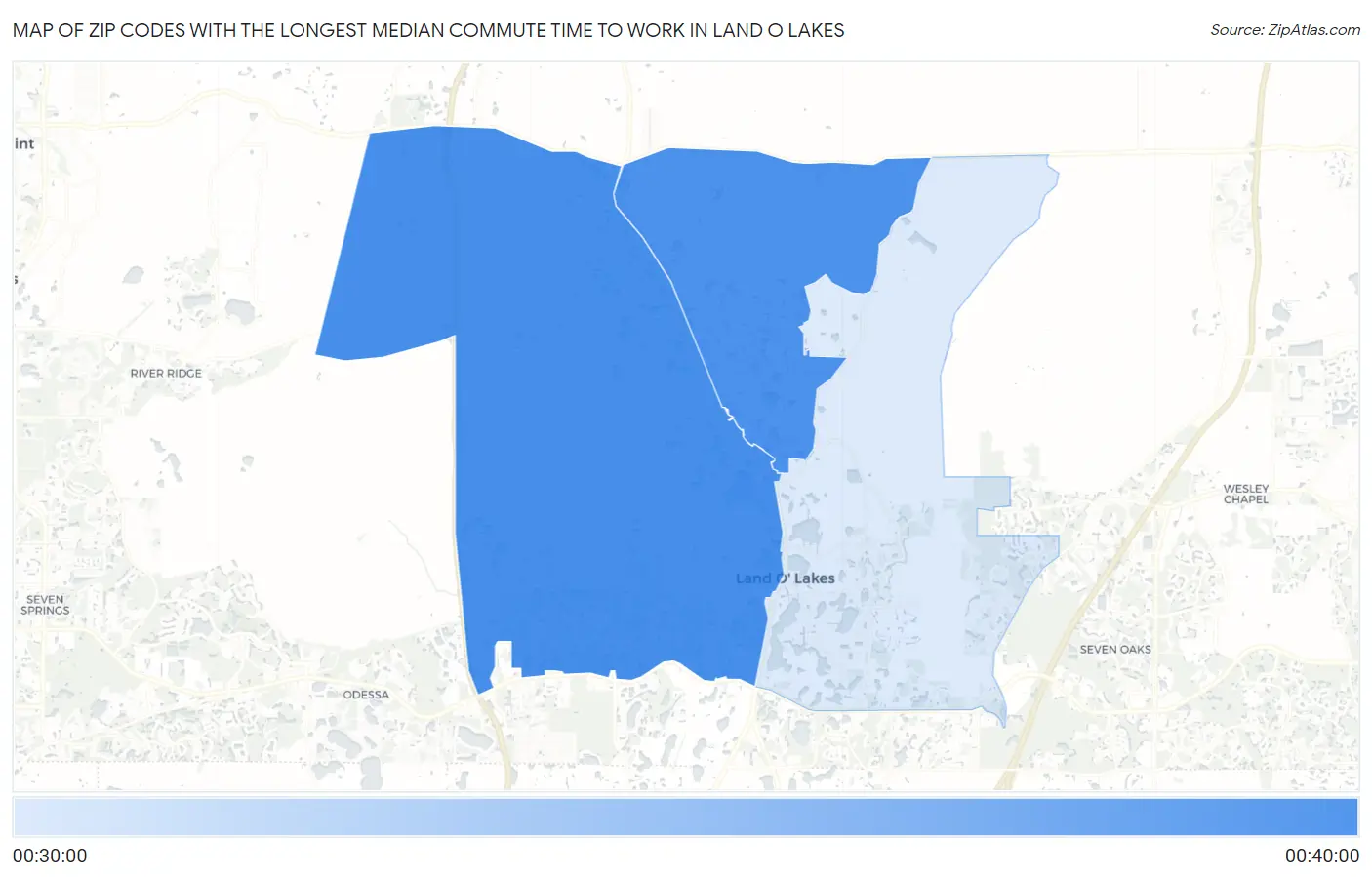 Zip Codes with the Longest Median Commute Time to Work in Land O Lakes Map