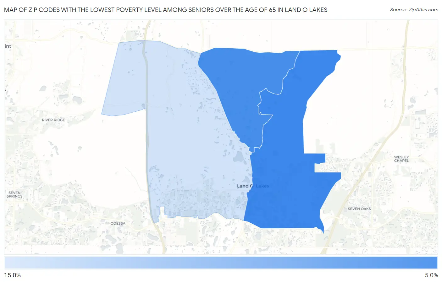 Zip Codes with the Lowest Poverty Level Among Seniors Over the Age of 65 in Land O Lakes Map