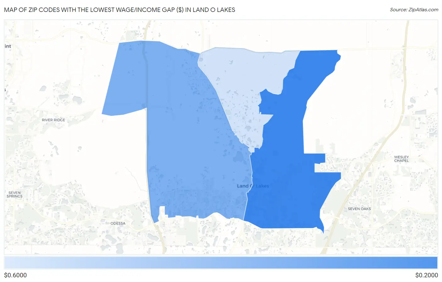 Zip Codes with the Lowest Wage/Income Gap ($) in Land O Lakes Map