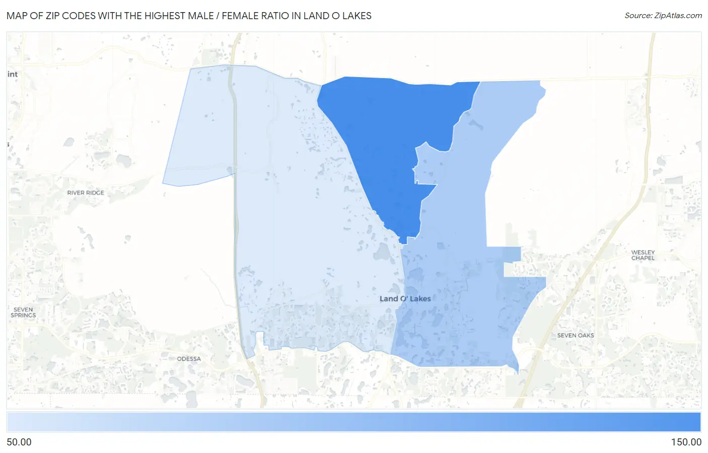 Zip Codes with the Highest Male / Female Ratio in Land O Lakes Map