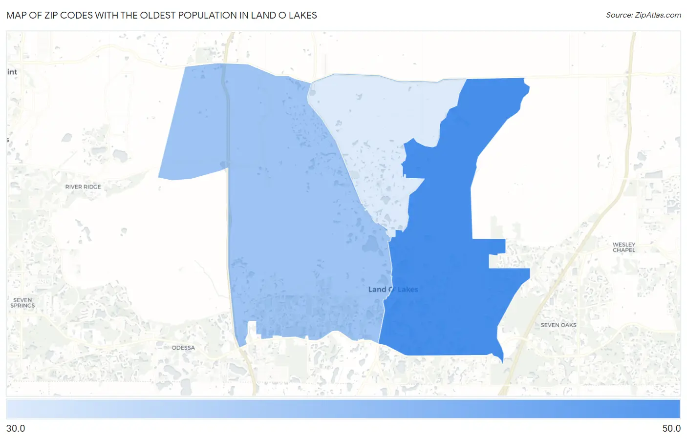Zip Codes with the Oldest Population in Land O Lakes Map