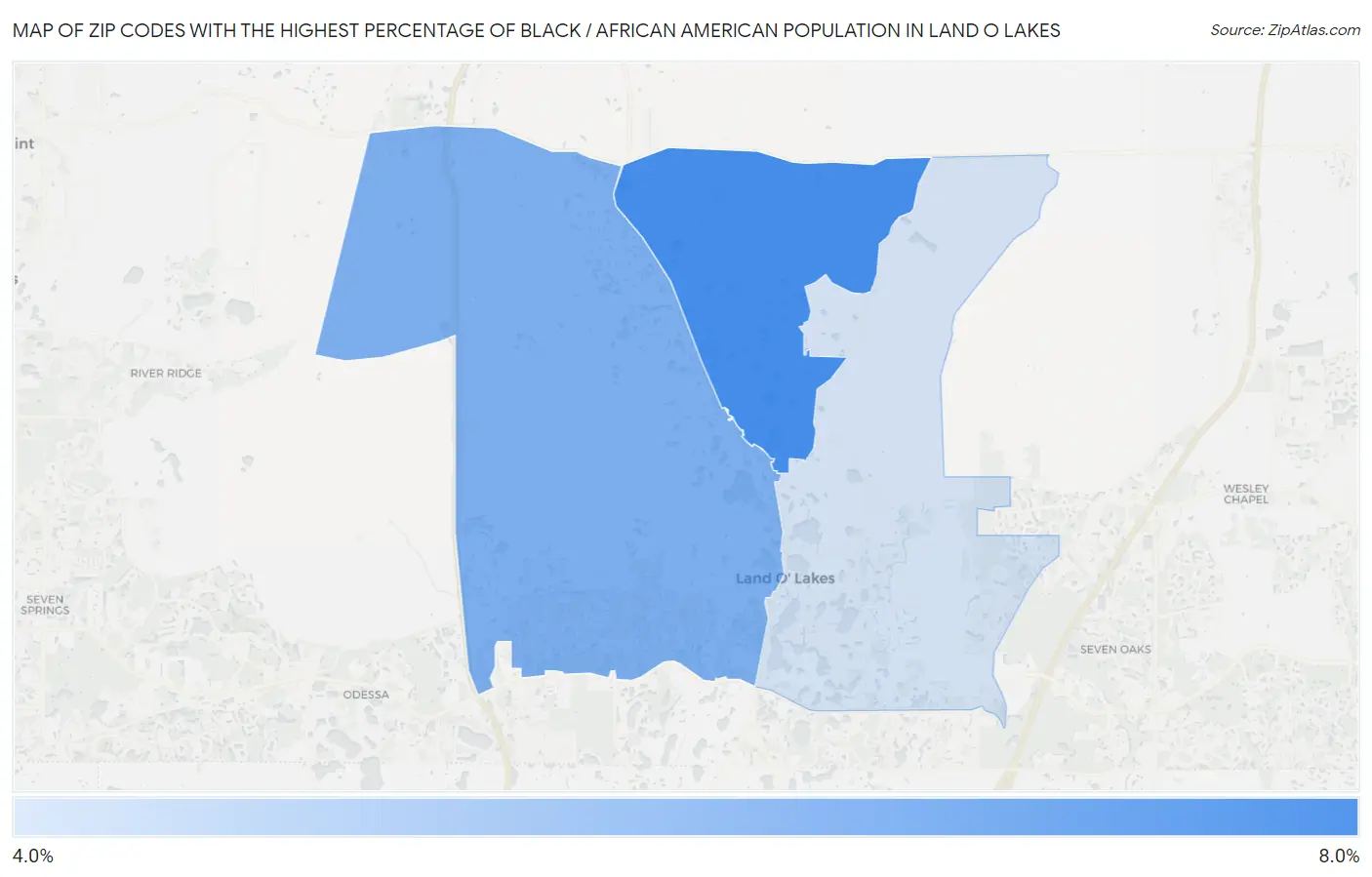 Zip Codes with the Highest Percentage of Black / African American Population in Land O Lakes Map
