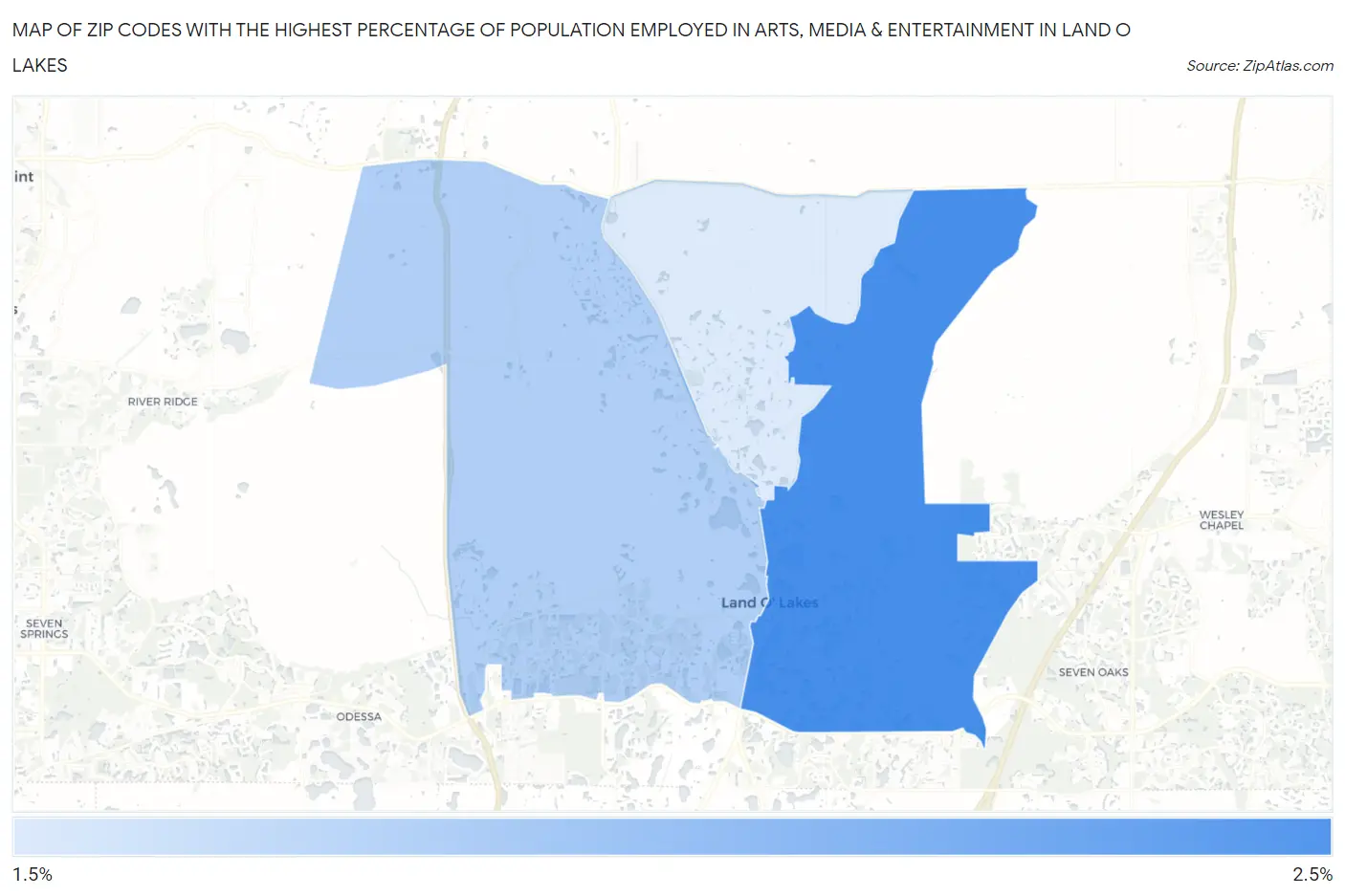 Zip Codes with the Highest Percentage of Population Employed in Arts, Media & Entertainment in Land O Lakes Map
