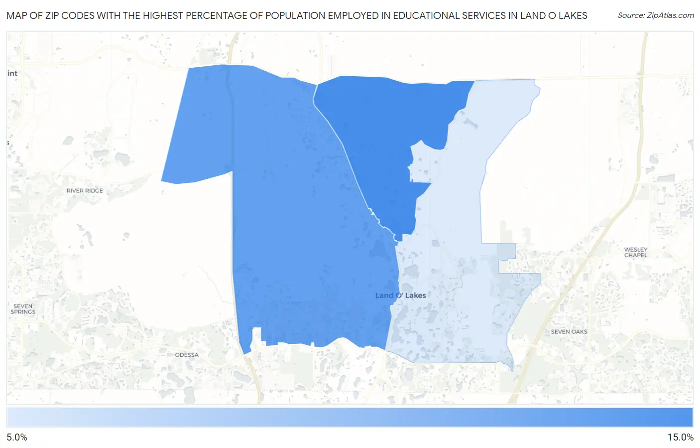 Zip Codes with the Highest Percentage of Population Employed in Educational Services in Land O Lakes Map