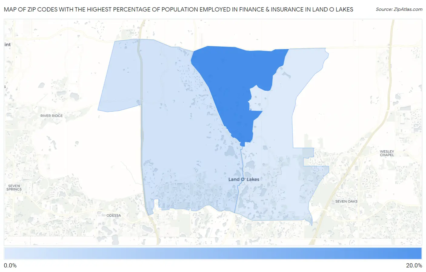 Zip Codes with the Highest Percentage of Population Employed in Finance & Insurance in Land O Lakes Map