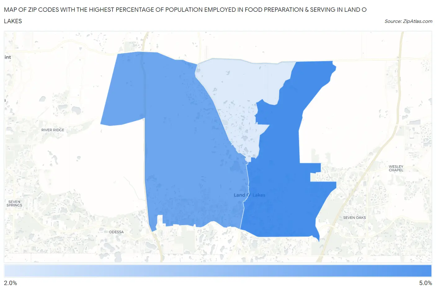 Zip Codes with the Highest Percentage of Population Employed in Food Preparation & Serving in Land O Lakes Map