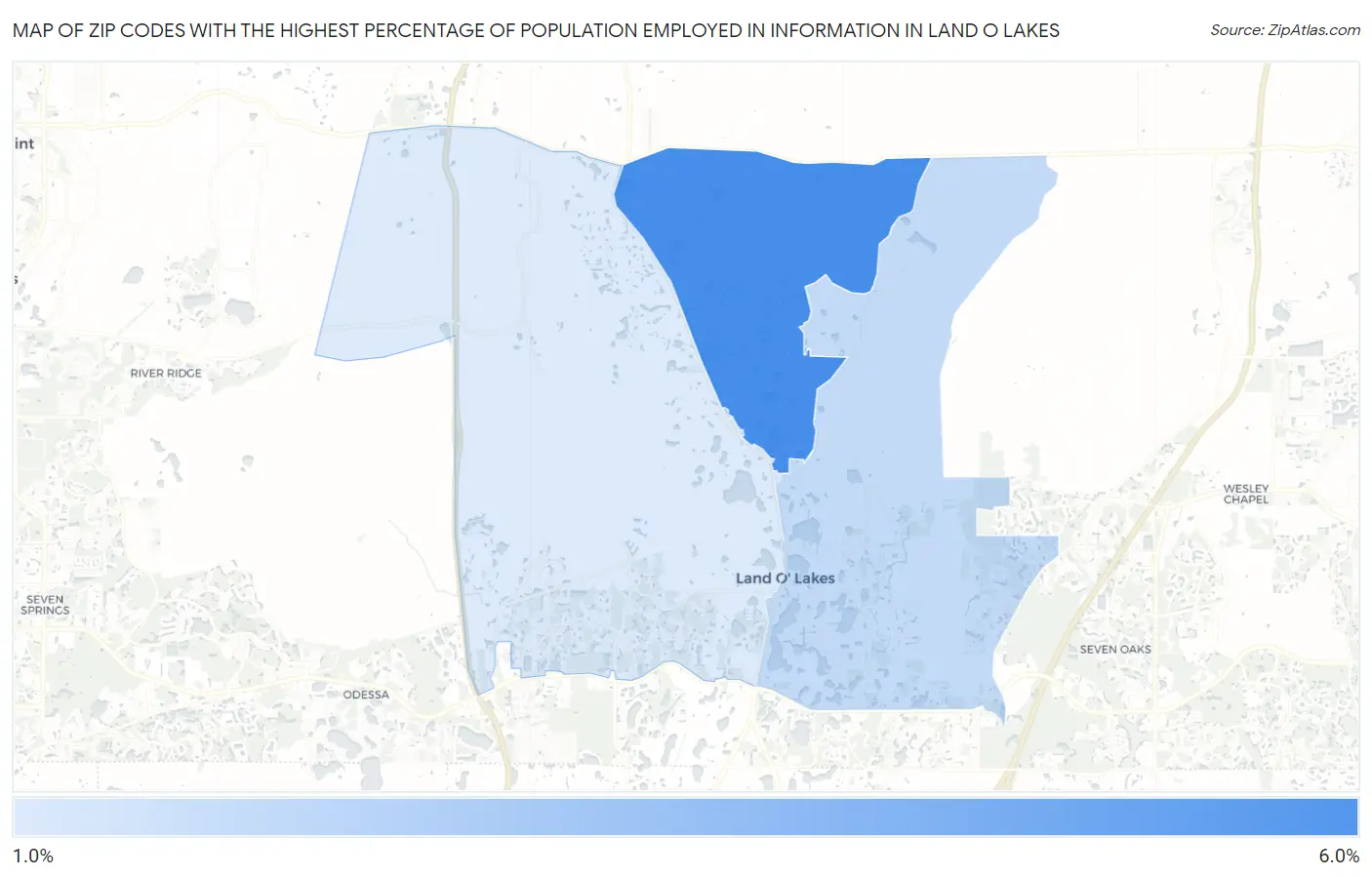 Zip Codes with the Highest Percentage of Population Employed in Information in Land O Lakes Map
