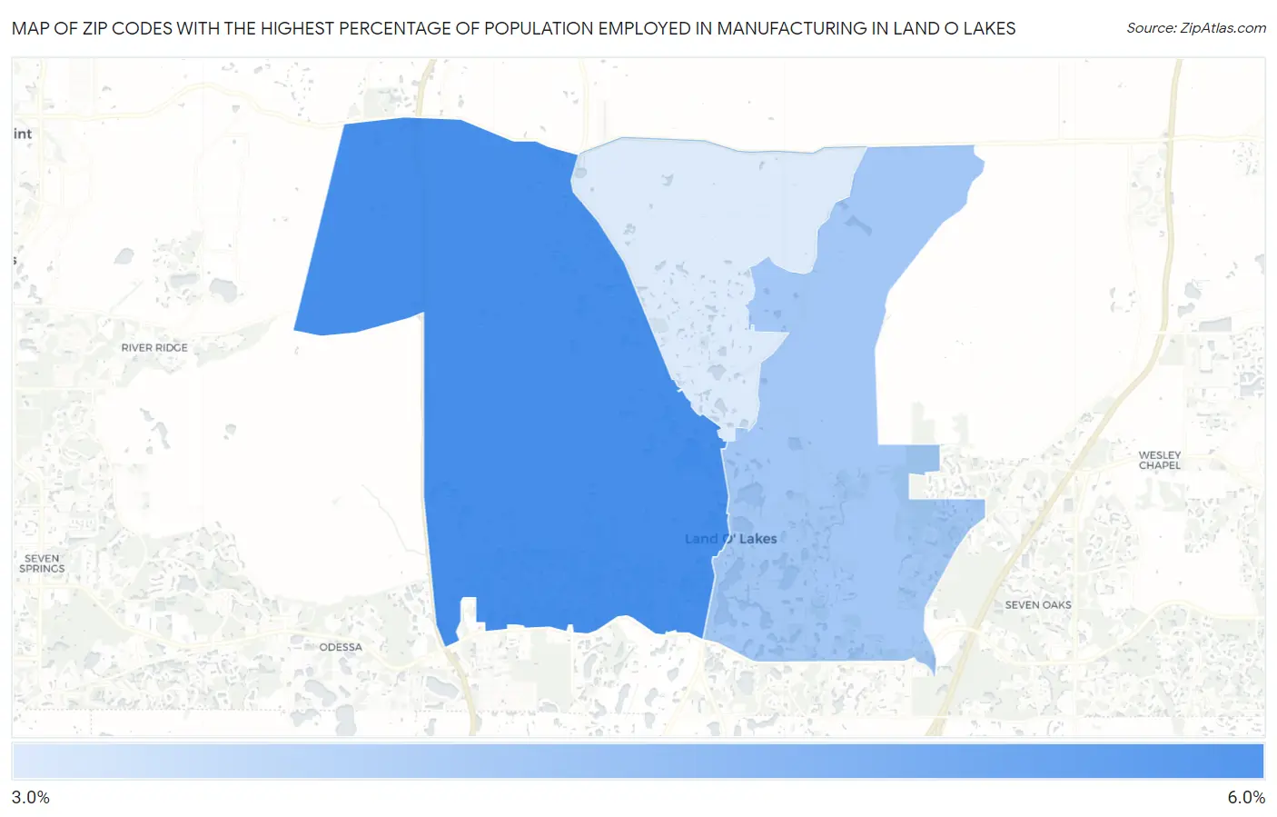 Zip Codes with the Highest Percentage of Population Employed in Manufacturing in Land O Lakes Map