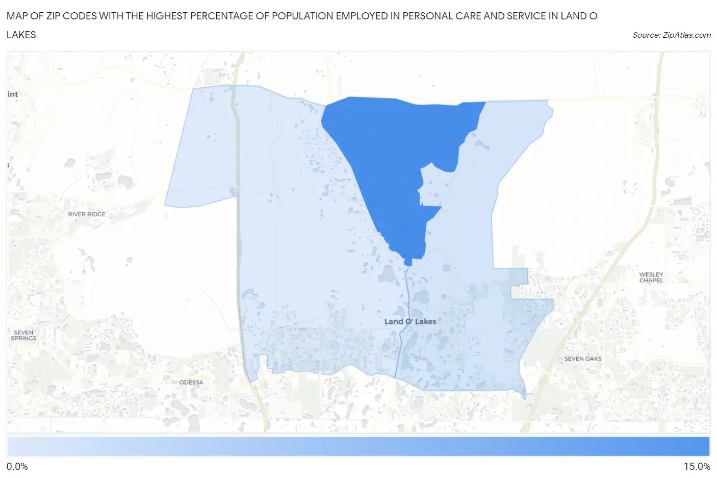 Zip Codes with the Highest Percentage of Population Employed in Personal Care and Service in Land O Lakes Map