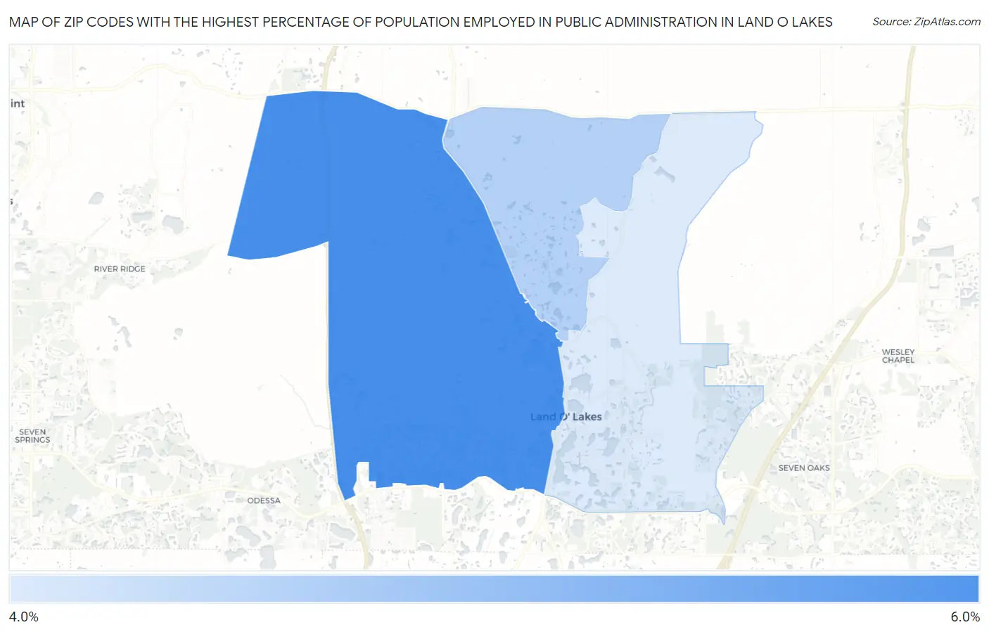 Zip Codes with the Highest Percentage of Population Employed in Public Administration in Land O Lakes Map