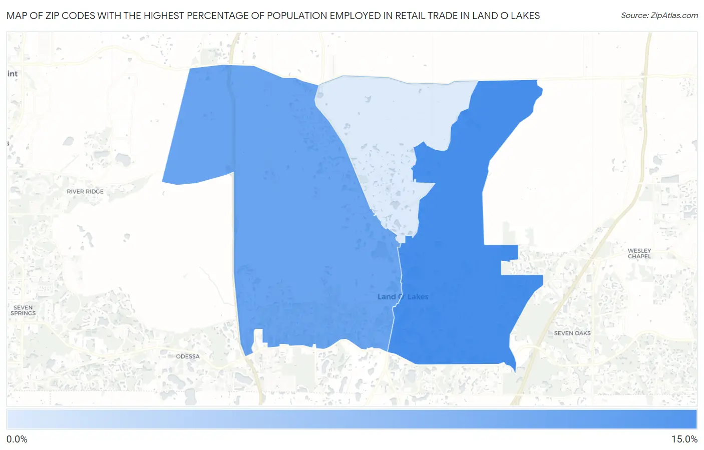 Zip Codes with the Highest Percentage of Population Employed in Retail Trade in Land O Lakes Map
