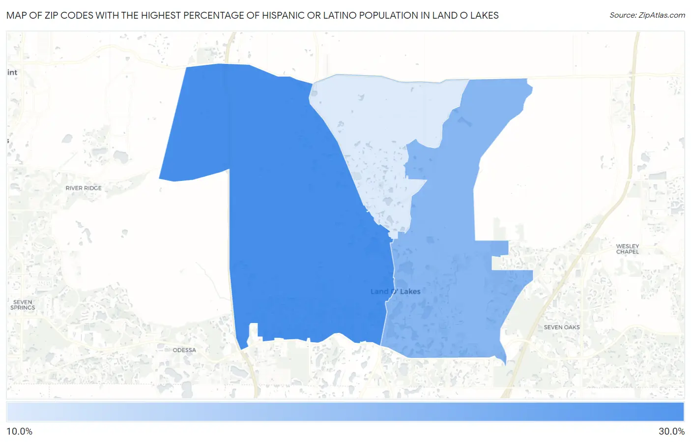Zip Codes with the Highest Percentage of Hispanic or Latino Population in Land O Lakes Map