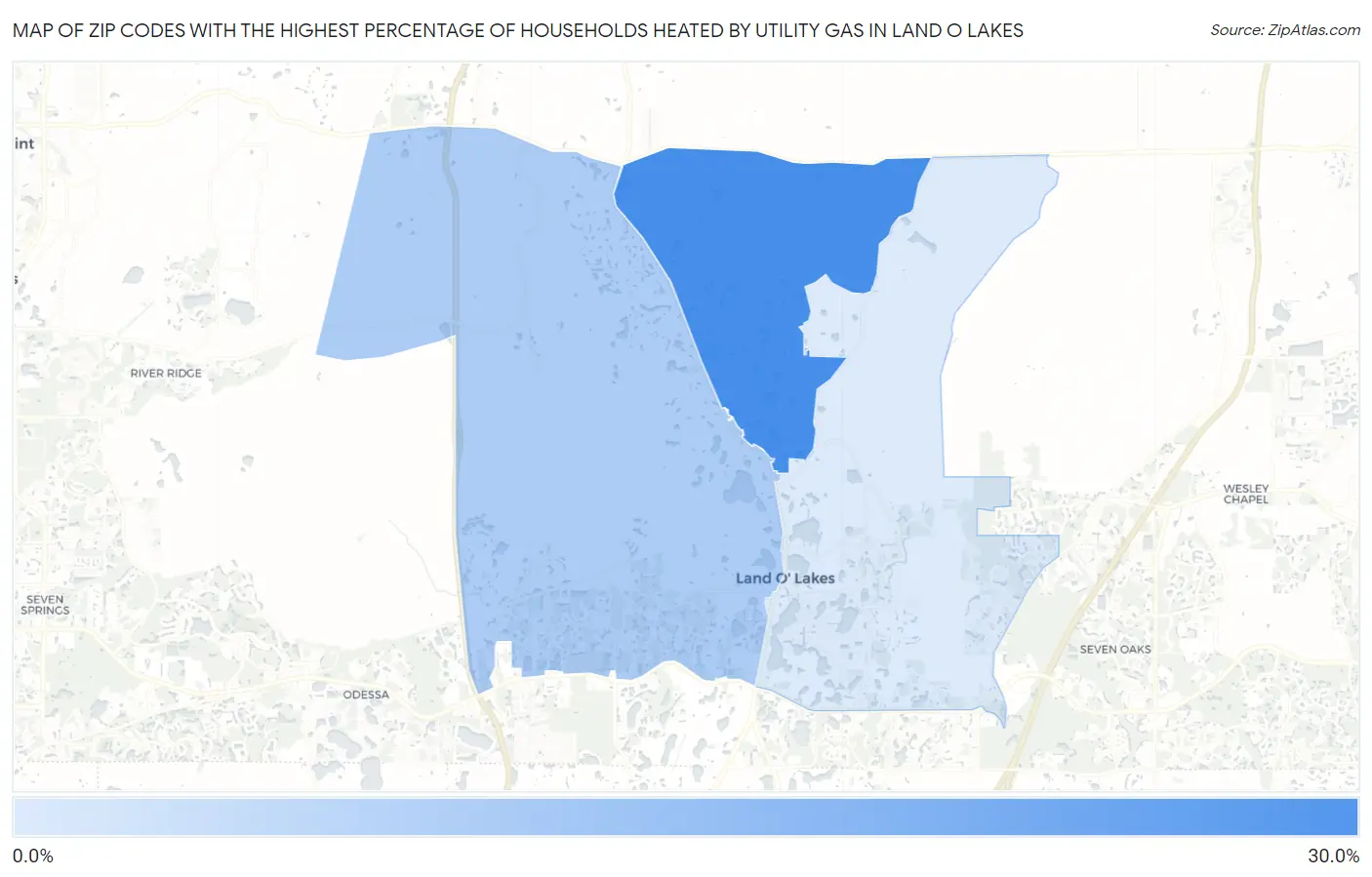 Zip Codes with the Highest Percentage of Households Heated by Utility Gas in Land O Lakes Map