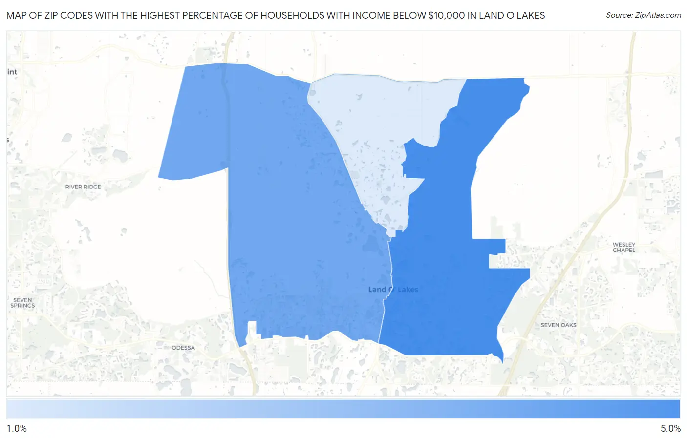 Zip Codes with the Highest Percentage of Households with Income Below $10,000 in Land O Lakes Map