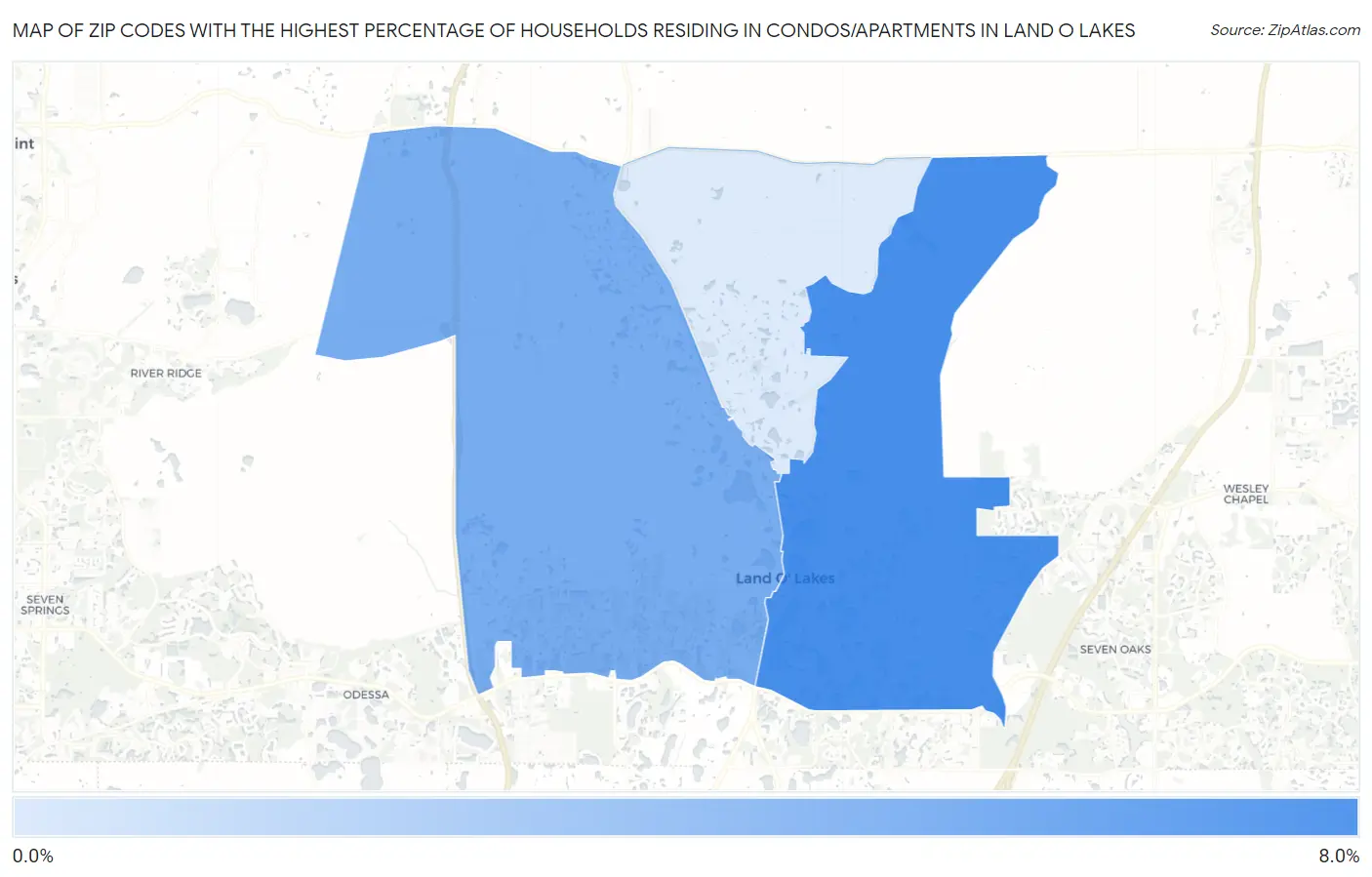 Zip Codes with the Highest Percentage of Households Residing in Condos/Apartments in Land O Lakes Map