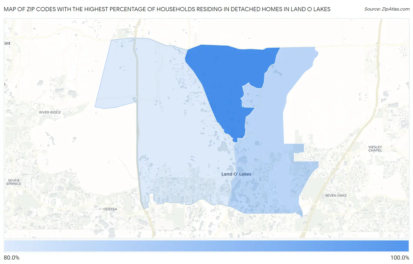 Zip Codes with the Highest Percentage of Households Residing in Detached Homes in Land O Lakes Map