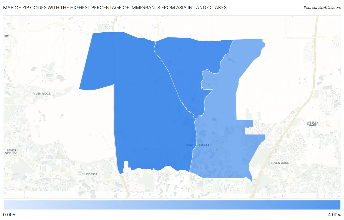 Zip Codes with the Highest Percentage of Immigrants from Asia in Land O Lakes Map