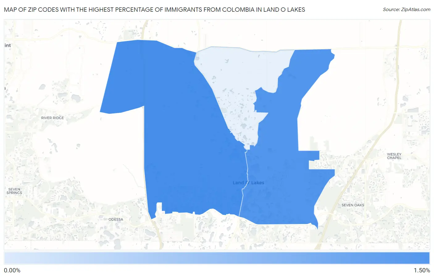 Zip Codes with the Highest Percentage of Immigrants from Colombia in Land O Lakes Map