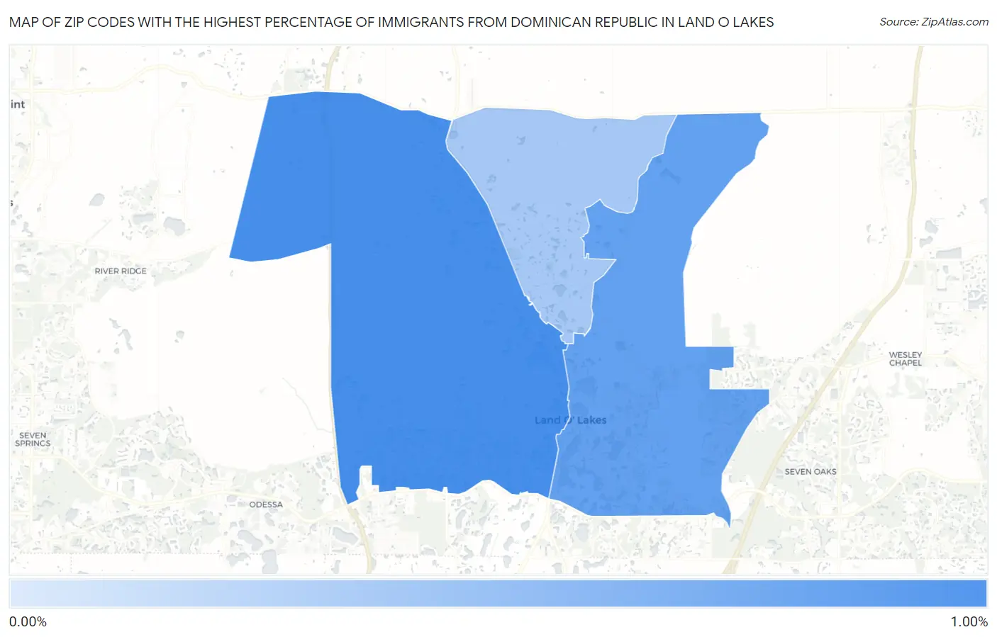 Zip Codes with the Highest Percentage of Immigrants from Dominican Republic in Land O Lakes Map
