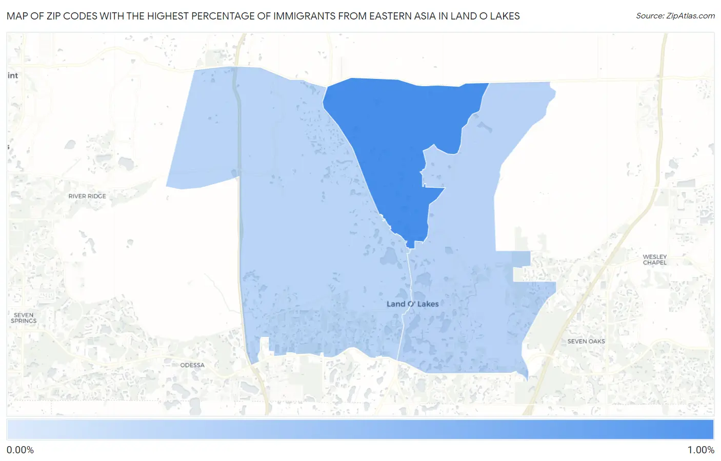 Zip Codes with the Highest Percentage of Immigrants from Eastern Asia in Land O Lakes Map