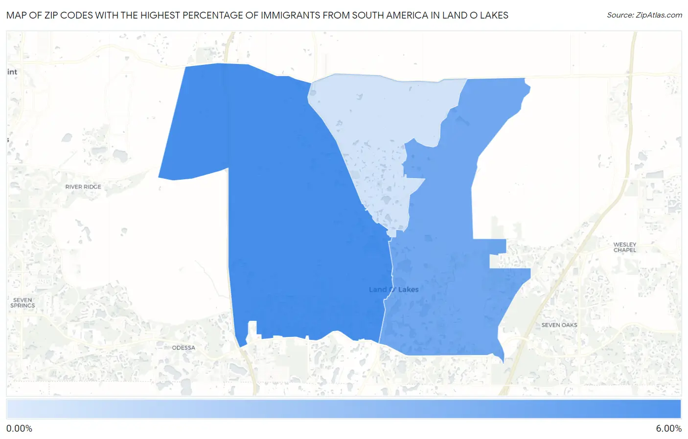 Zip Codes with the Highest Percentage of Immigrants from South America in Land O Lakes Map