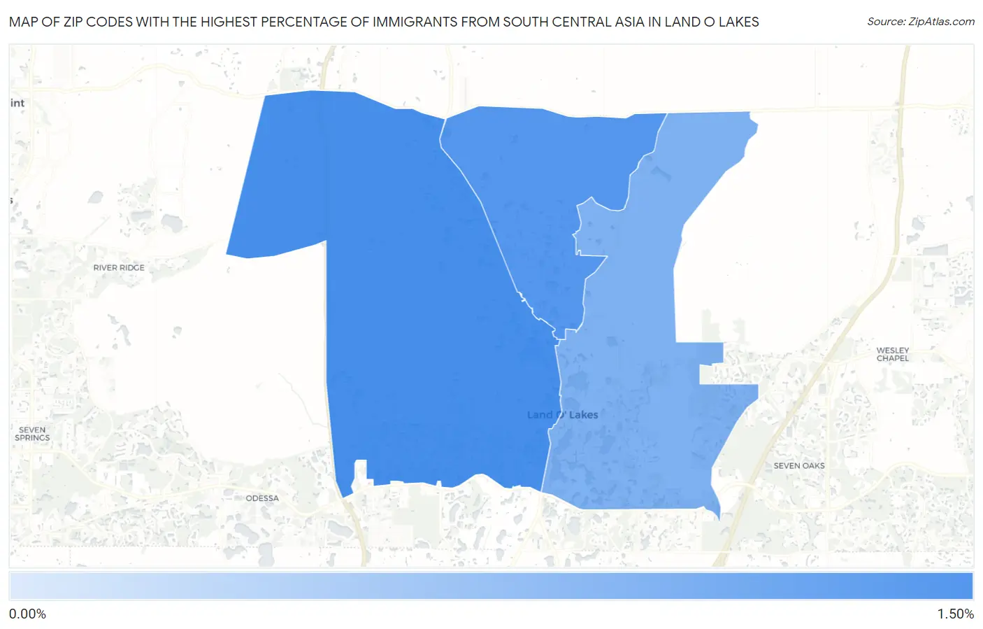 Zip Codes with the Highest Percentage of Immigrants from South Central Asia in Land O Lakes Map