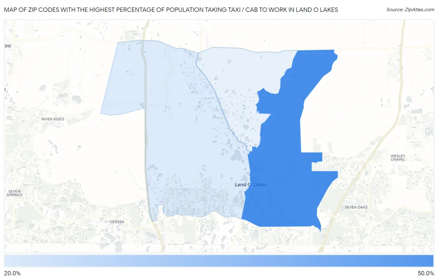 Zip Codes with the Highest Percentage of Population Taking Taxi / Cab to Work in Land O Lakes Map