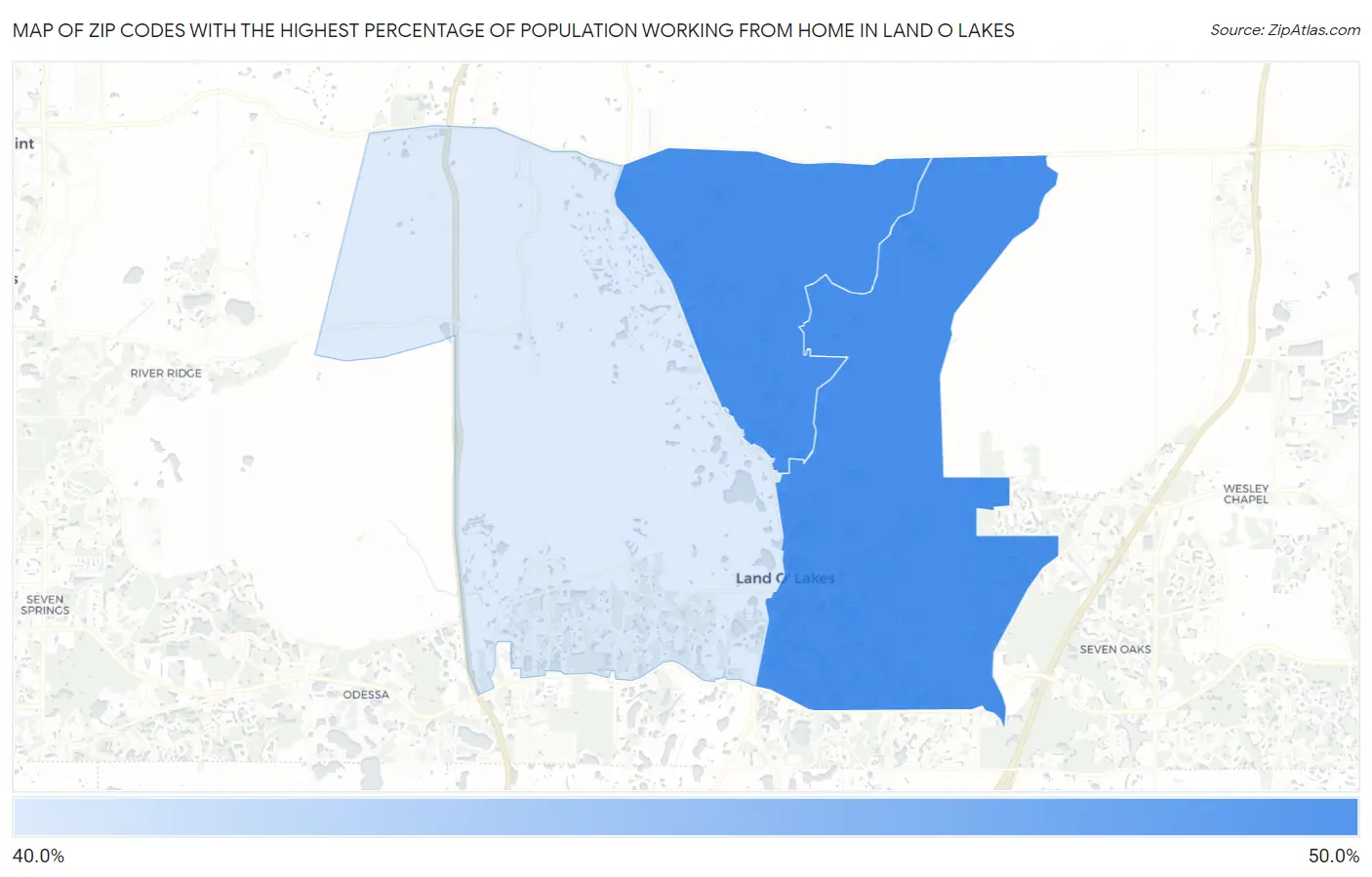 Zip Codes with the Highest Percentage of Population Working from Home in Land O Lakes Map