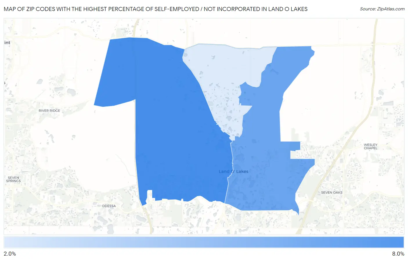 Zip Codes with the Highest Percentage of Self-Employed / Not Incorporated in Land O Lakes Map