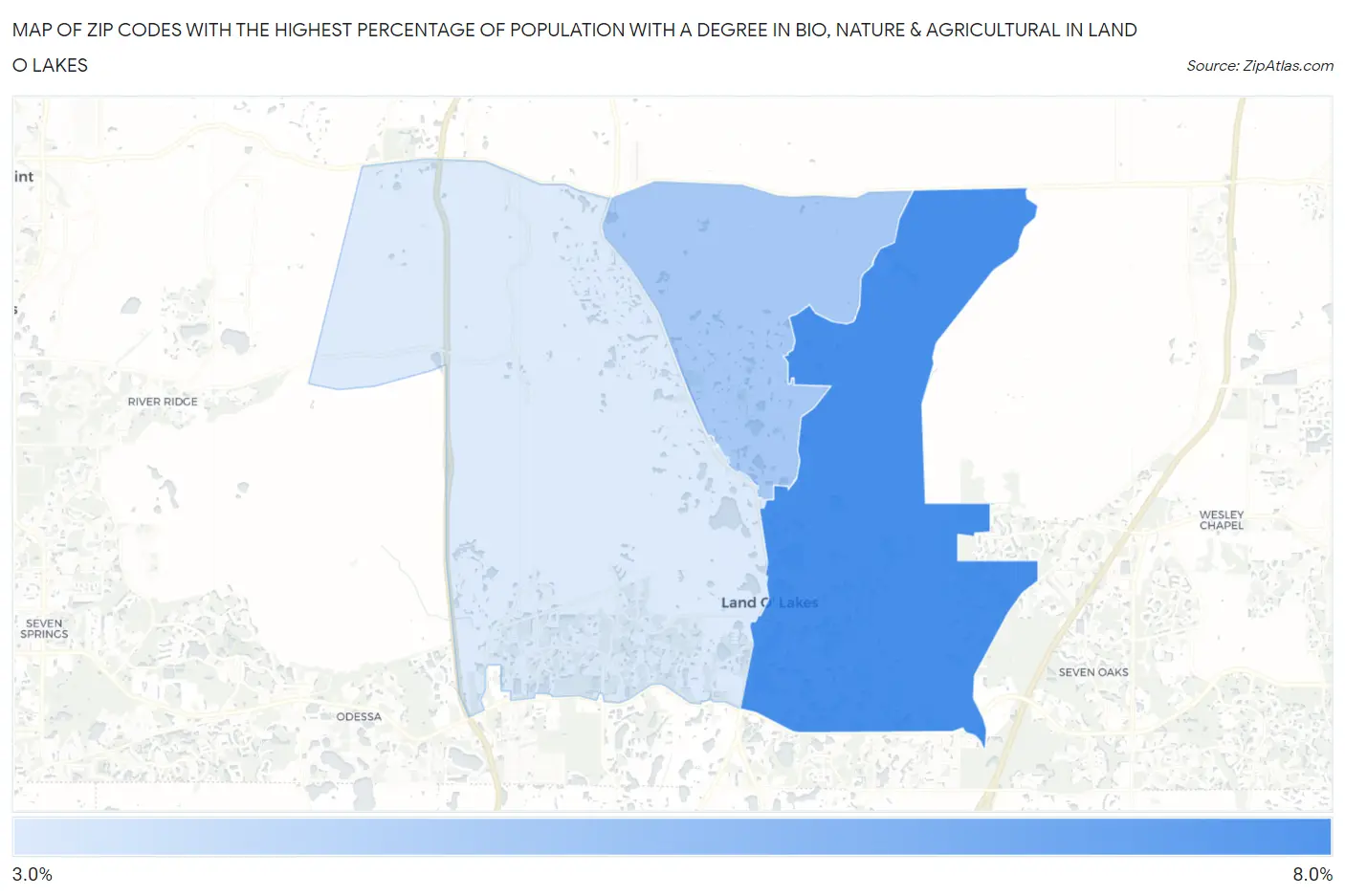 Zip Codes with the Highest Percentage of Population with a Degree in Bio, Nature & Agricultural in Land O Lakes Map
