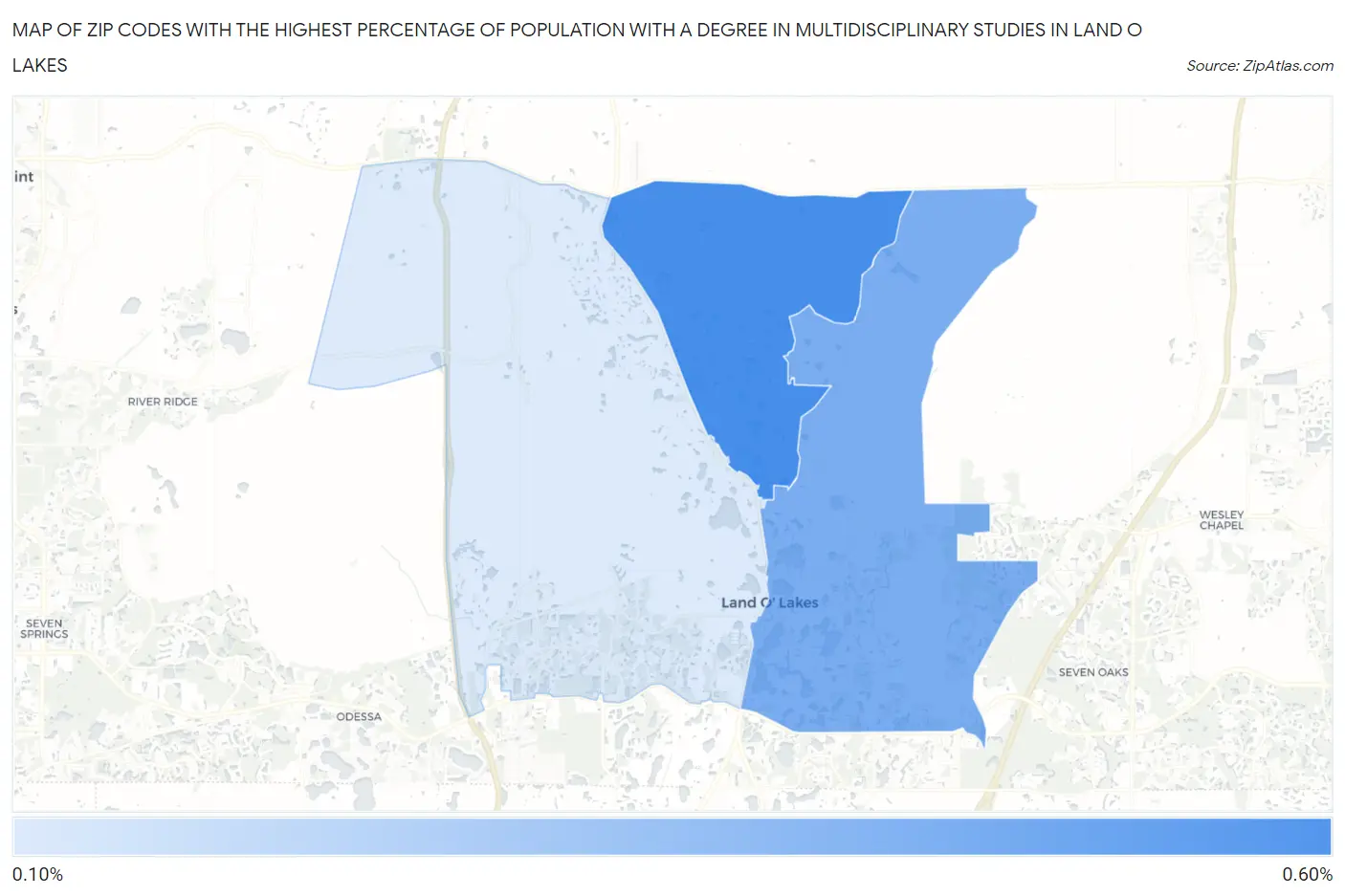 Zip Codes with the Highest Percentage of Population with a Degree in Multidisciplinary Studies in Land O Lakes Map