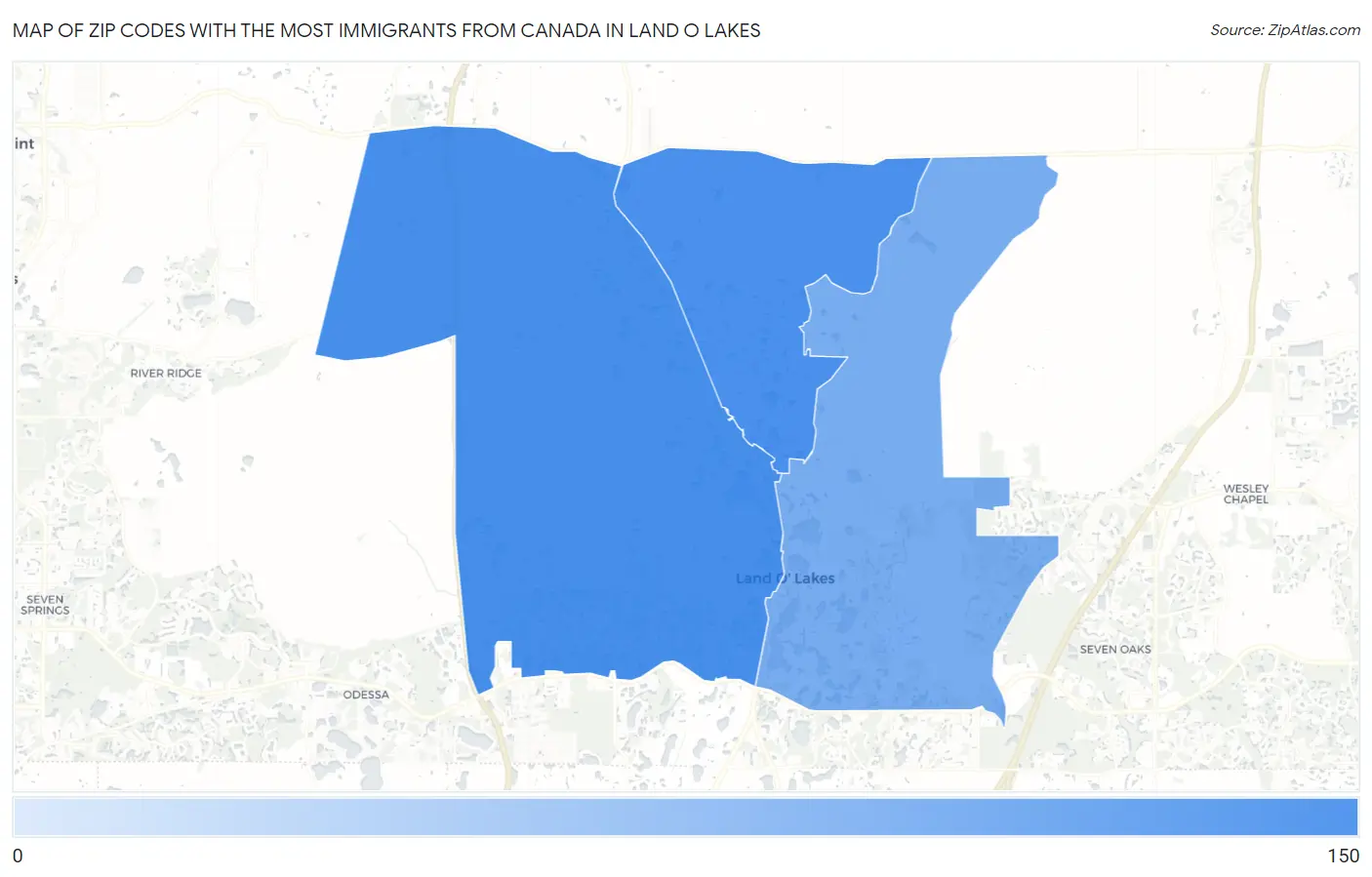 Zip Codes with the Most Immigrants from Canada in Land O Lakes Map
