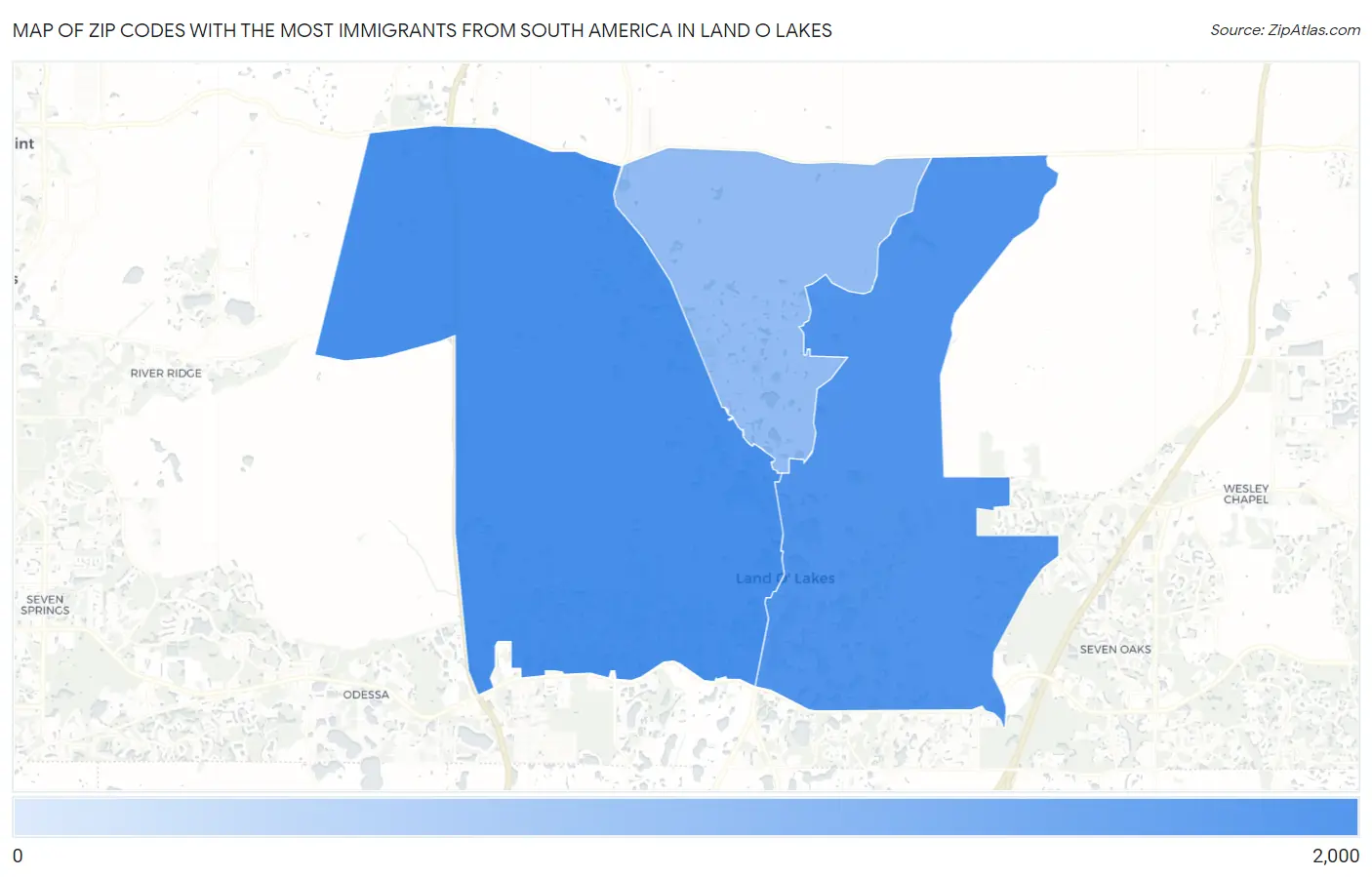Zip Codes with the Most Immigrants from South America in Land O Lakes Map