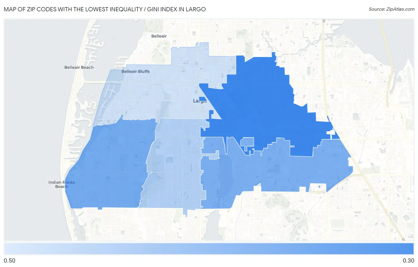 Zip Codes with the Lowest Inequality / Gini Index in Largo Map