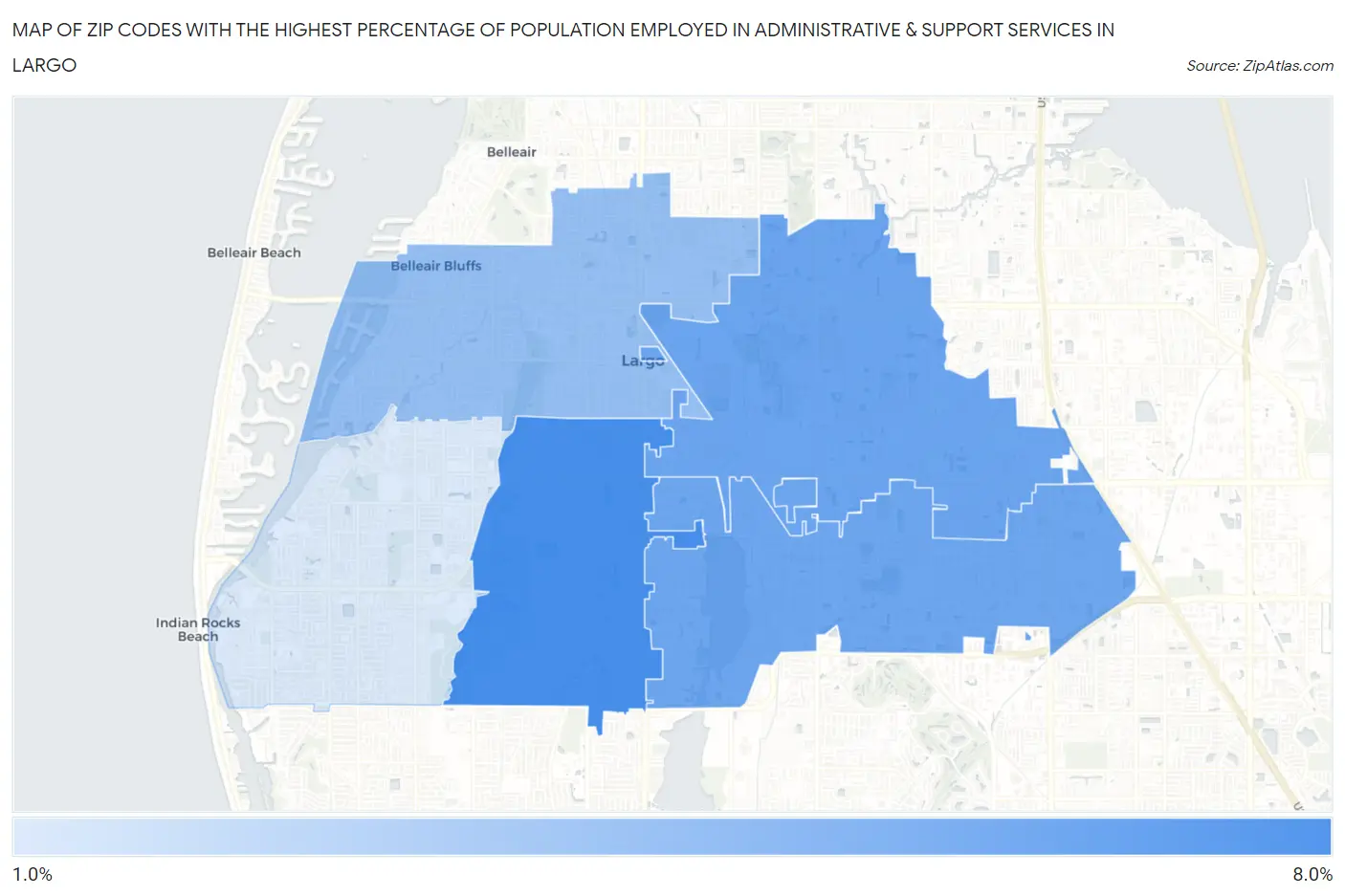 Zip Codes with the Highest Percentage of Population Employed in Administrative & Support Services in Largo Map