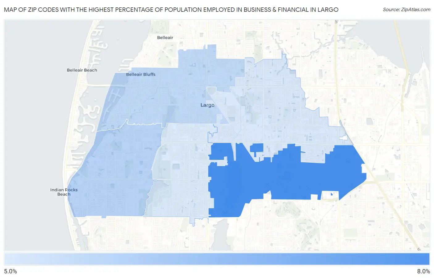 Zip Codes with the Highest Percentage of Population Employed in Business & Financial in Largo Map