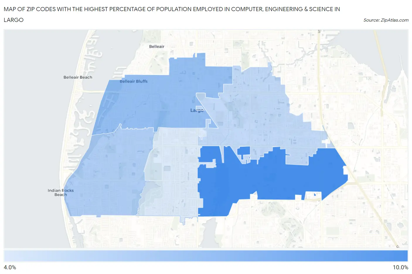 Zip Codes with the Highest Percentage of Population Employed in Computer, Engineering & Science in Largo Map