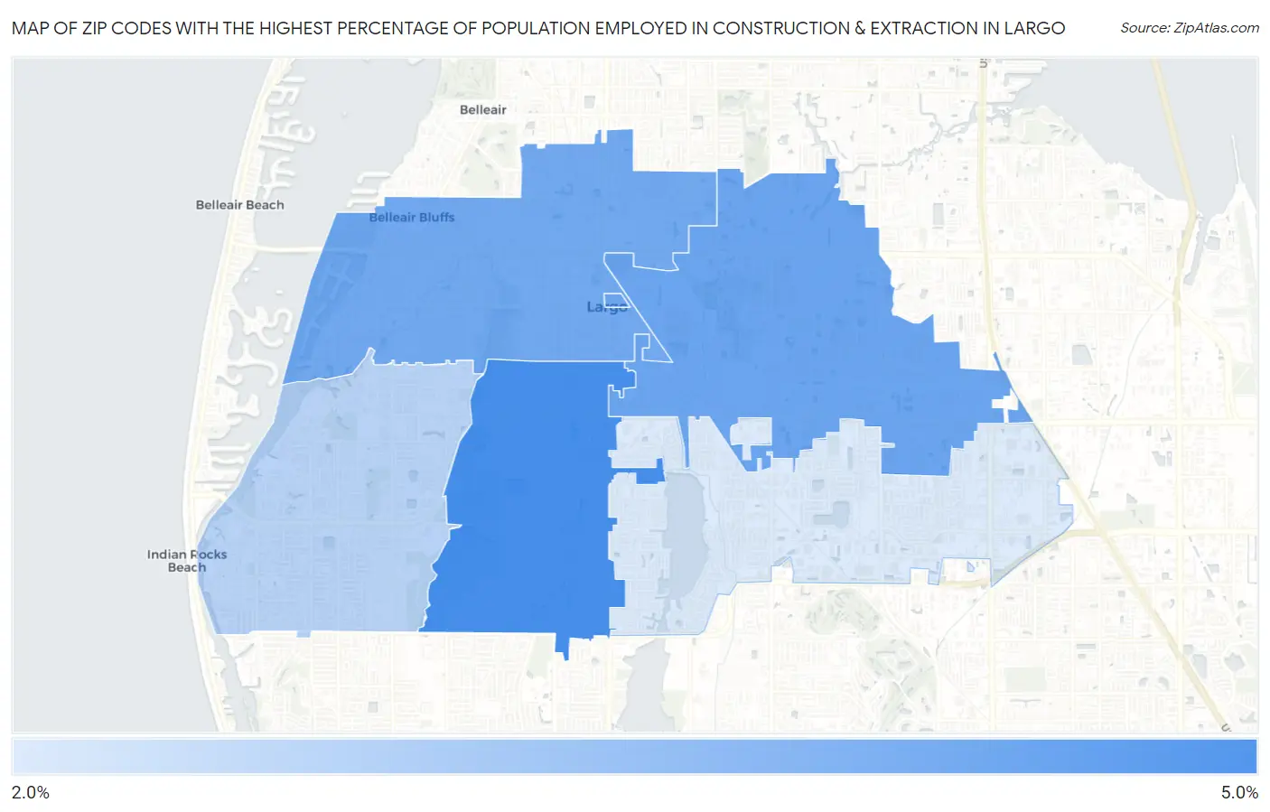 Zip Codes with the Highest Percentage of Population Employed in Construction & Extraction in Largo Map