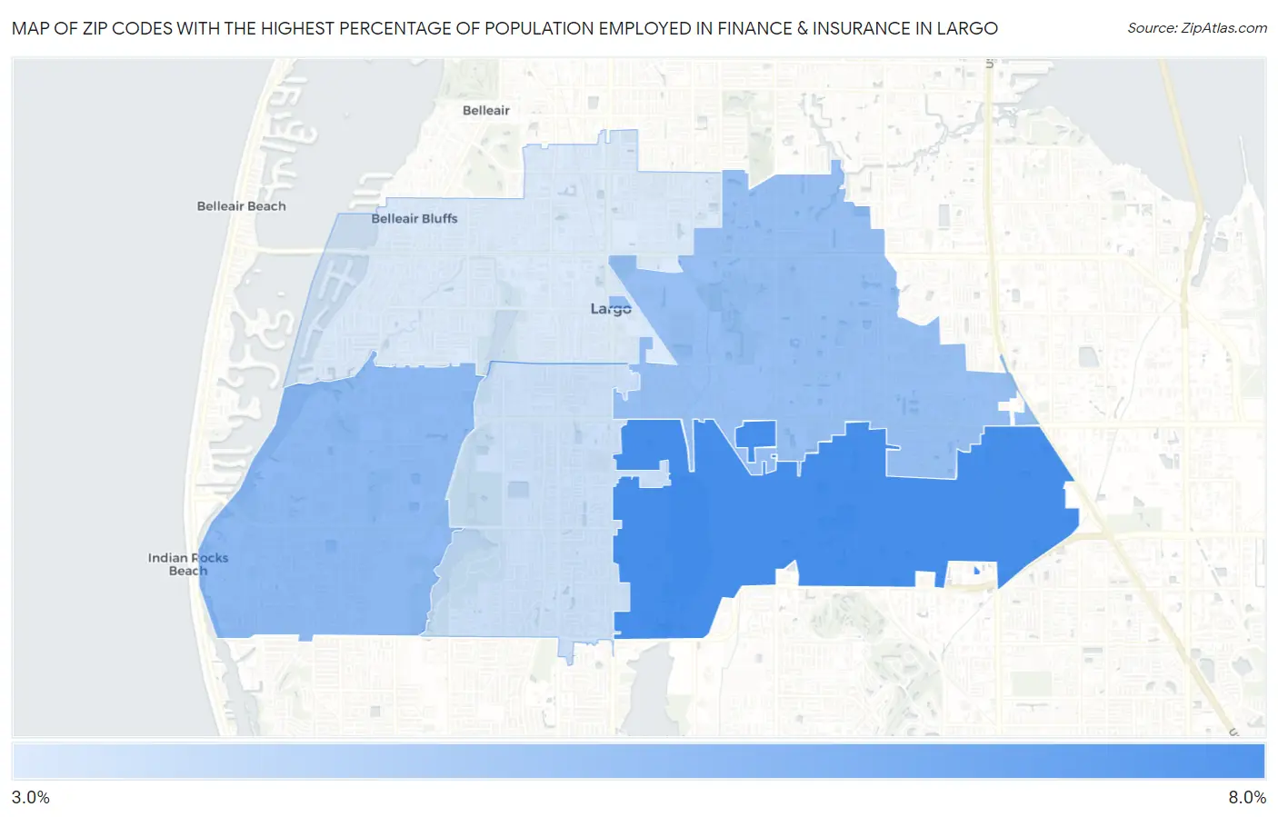Zip Codes with the Highest Percentage of Population Employed in Finance & Insurance in Largo Map