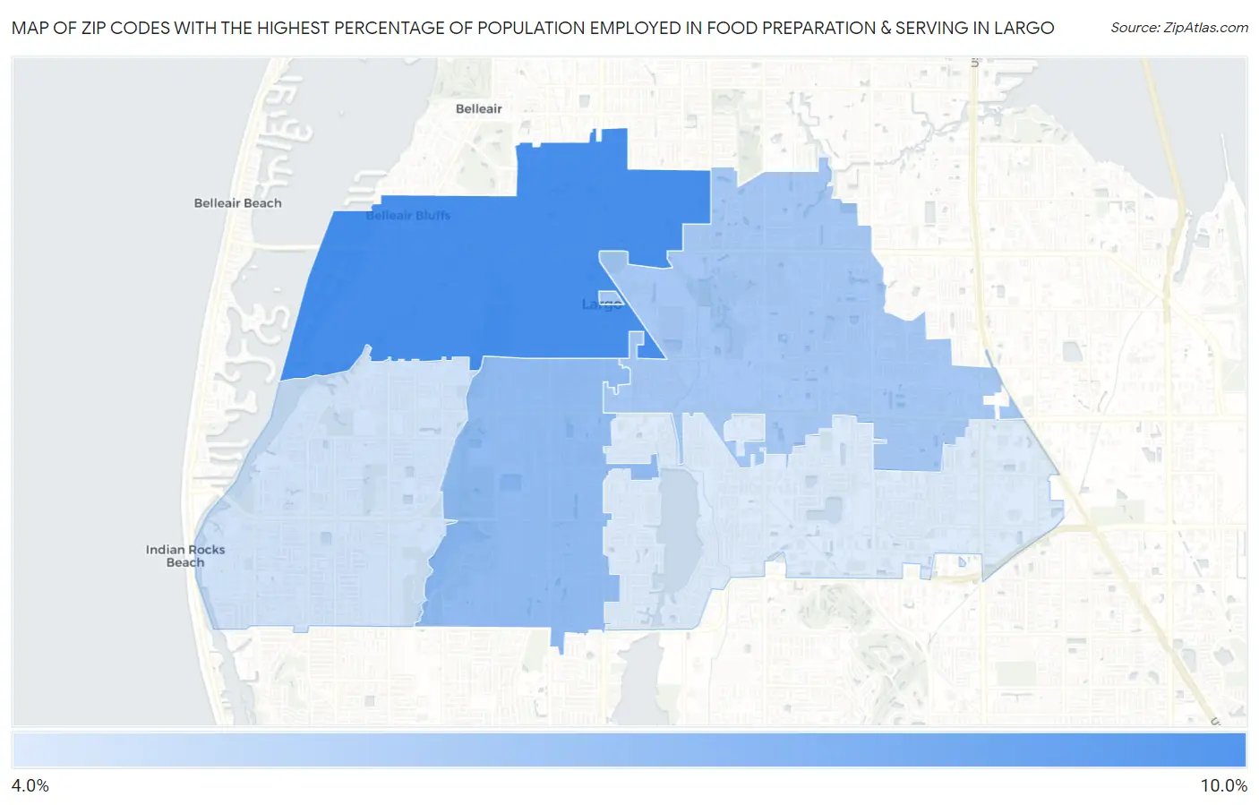 Zip Codes with the Highest Percentage of Population Employed in Food Preparation & Serving in Largo Map