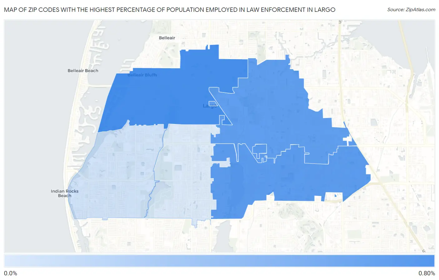 Zip Codes with the Highest Percentage of Population Employed in Law Enforcement in Largo Map