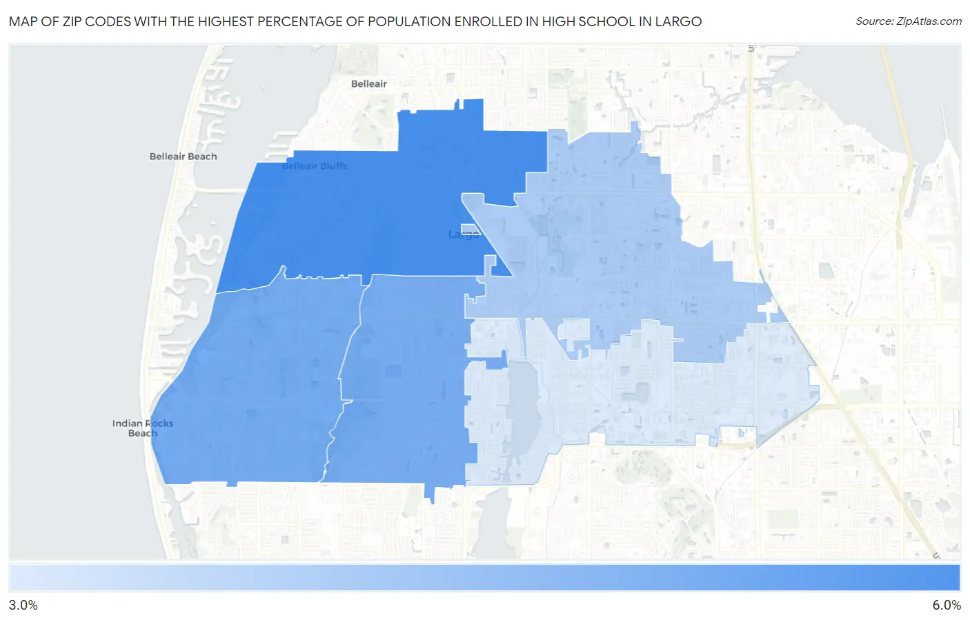 Zip Codes with the Highest Percentage of Population Enrolled in High School in Largo Map