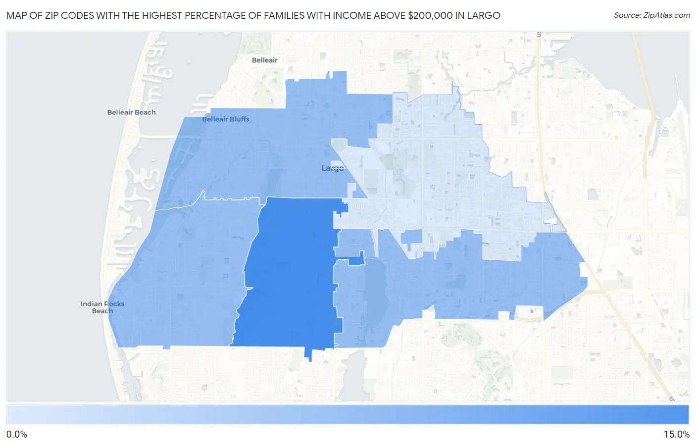 Zip Codes with the Highest Percentage of Families with Income Above $200,000 in Largo Map