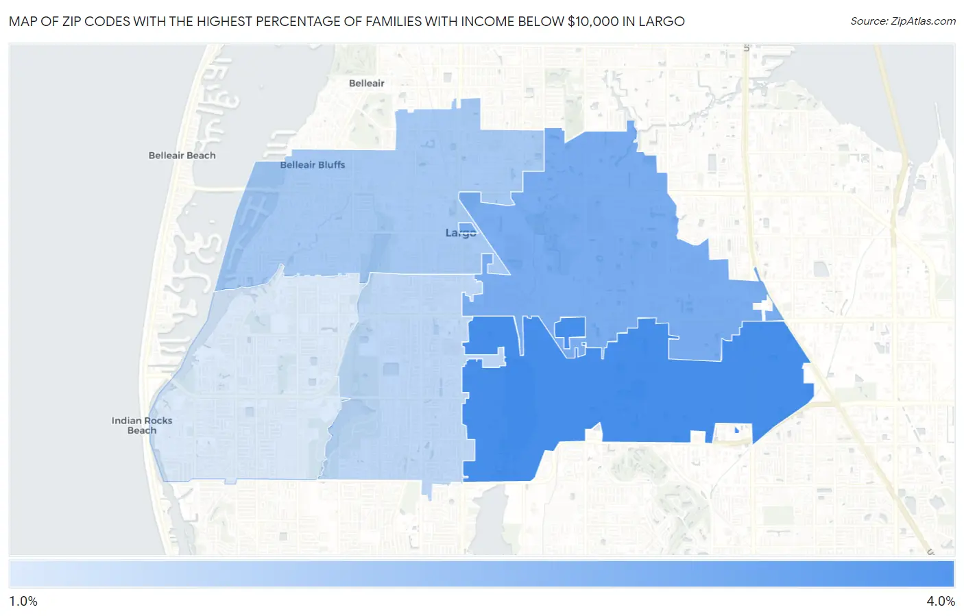 Zip Codes with the Highest Percentage of Families with Income Below $10,000 in Largo Map