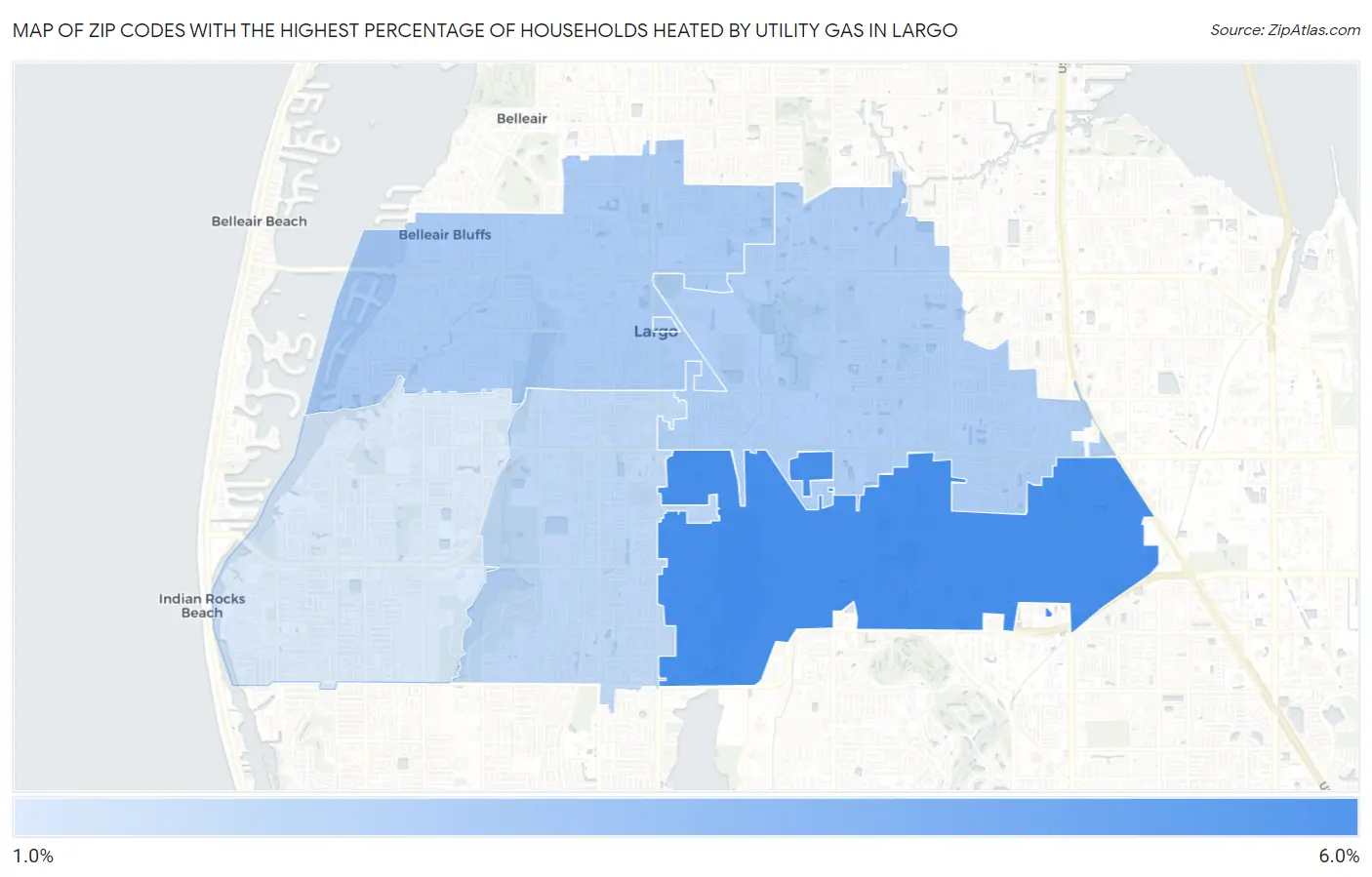 Zip Codes with the Highest Percentage of Households Heated by Utility Gas in Largo Map