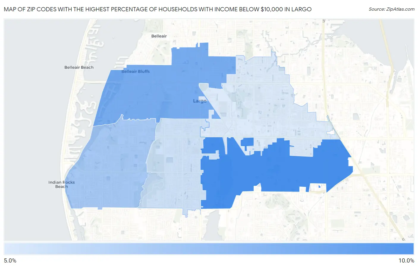 Zip Codes with the Highest Percentage of Households with Income Below $10,000 in Largo Map