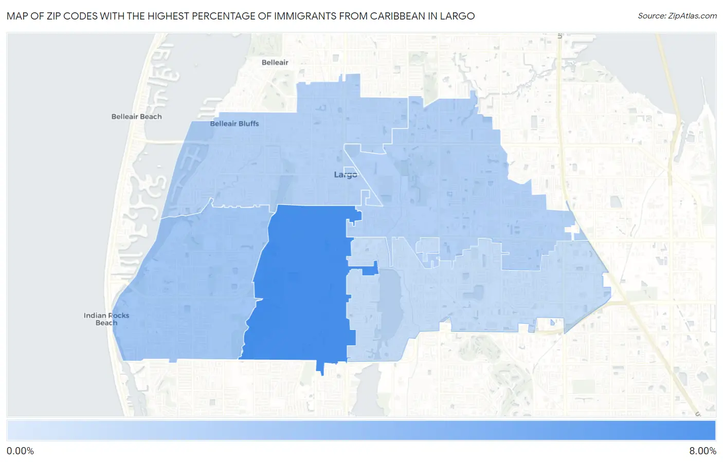 Zip Codes with the Highest Percentage of Immigrants from Caribbean in Largo Map